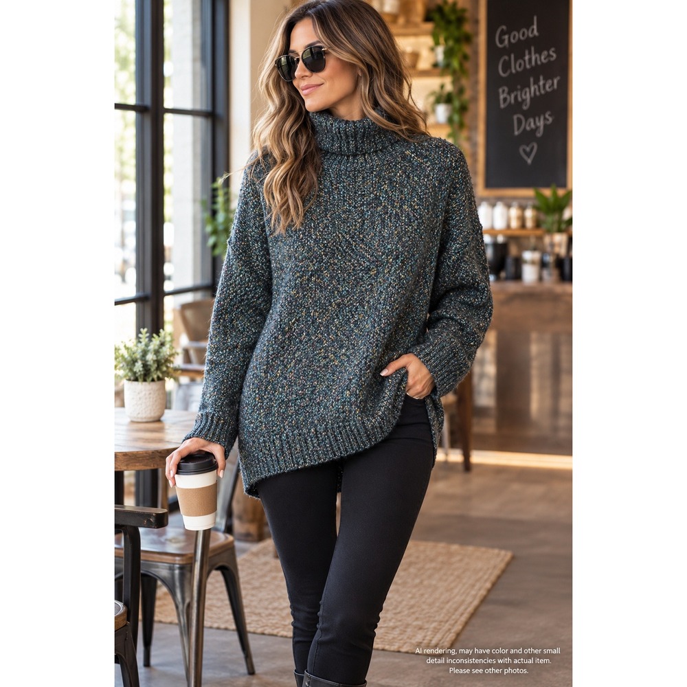 Zara M Oversized Turtleneck Sweater Teal Blue Multi Speckled Italian Yarn Knit